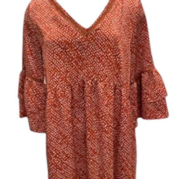 Jodifl Orange Boho Bell Sleeve Ruffle Hem Mini Dress S  Retro Festival Prairie - Picture 10 of 10